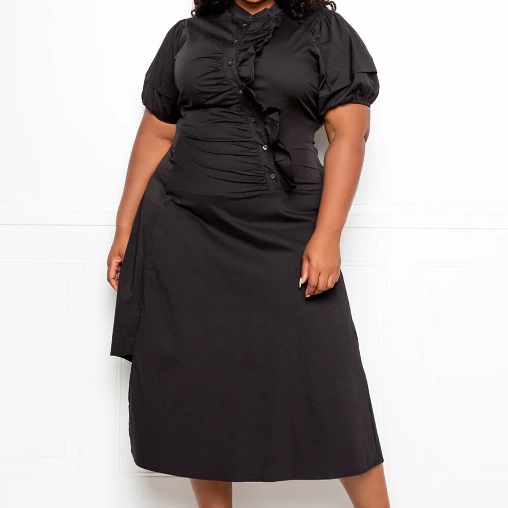 Plus Size Black Midi Dress with Ruffle Front
